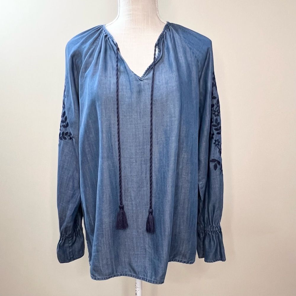 Lord & Taylor Lyocell Embroidered Boho Blouse Tassel Tie Neckline Medium